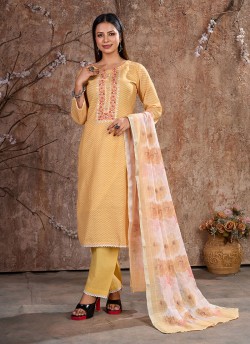 Yellow Linen Cotton Resham Ready-Made Salwar Kameez K-9023