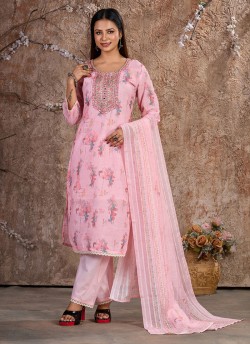 Pink Linen Cotton Resham Ready-Made Salwar Kameez K-9024