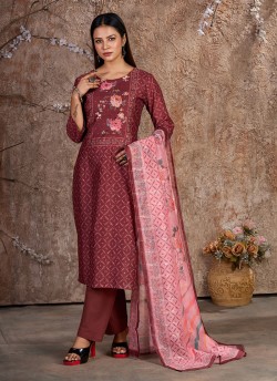 Maroon Silk Cotton Printed Ready-Made Salwar Kameez K-9025
