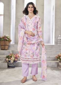 Lavender Linen Cotton Resham Ready-Made Salwar Kameez K-9029