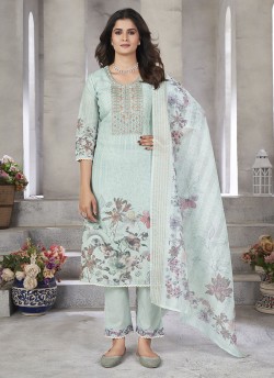 Pista Green Linen Cotton Resham Ready-Made Salwar Kameez K-9030