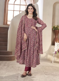 Maroon Georgette Printed Ready-Made Gown K-9032