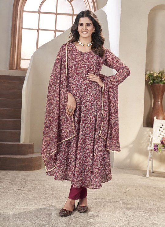 Maroon Georgette Printed Ready-Made Gown K-9032 Maroon Georgette Printed Ready-Made Gown K-9032