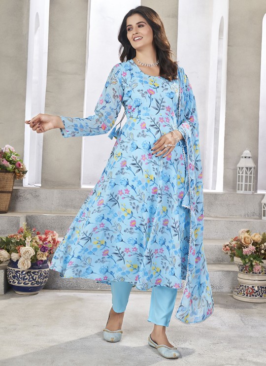 Blue Georgette Printed Ready-Made Gown K-9033 Blue Georgette Printed Ready-Made Gown K-9033