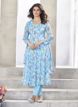 Blue Georgette Printed Ready-Made Gown K-9033