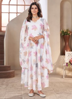 White Georgette Printed Ready-Made Gown K-9034