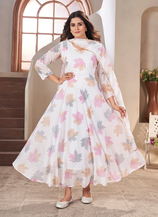 White Georgette Printed Ready-Made Gown K-9034 White Georgette Printed Ready-Made Gown K-9034