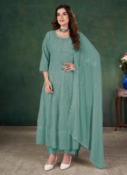 K-9035C Firozi Georgette Sequins Semi-Stitched Anarkali Suit