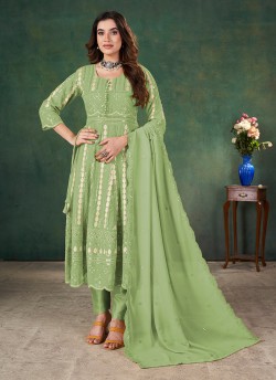 Green Georgette Sequins Semi-Stitched Anarkali Suit K-9036C