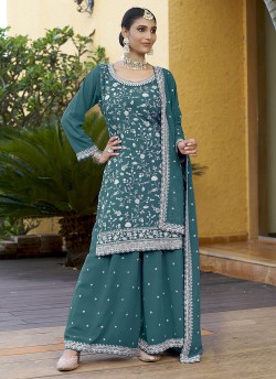 K-9054B Rama Green Georgette Embroidered Semi-Stitched Palazzo Suit