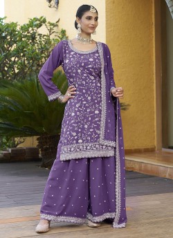 K-9054C Purple Georgette Embroidered Semi-Stitched Palazzo Suit