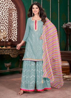 Sea Green Georgette Embroidered Ready-Made Garara Suit K-9055B