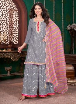 Grey Georgette Embroidered Ready-Made Garara Suit K-9055C