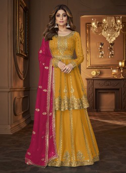 Yellow Georgette Embroidered Semi-Stitched Skirt Kameez 9125B