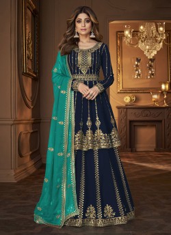 Navy Blue Georgette Embroidered Semi-Stitched Skirt Kameez 9125C