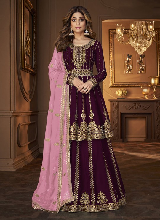 Wine Georgette Embroidered Semi-Stitched Skirt Kameez 9125D Wine Georgette Embroidered Semi-Stitched Skirt Kameez 9125D