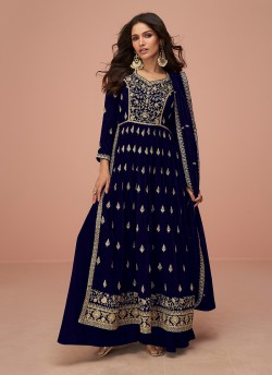 Blue Vichitra Silk Embroidered Semi-Stitched Alia Cut Suit KM-9691B