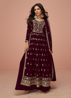 Maroon Vichitra Silk Embroidered Semi-Stitched Alia Cut Suit KM-9691C
