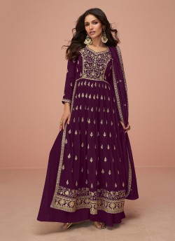 Wine Vichitra Silk Embroidered Semi-Stitched Alia Cut Suit KM-9691D