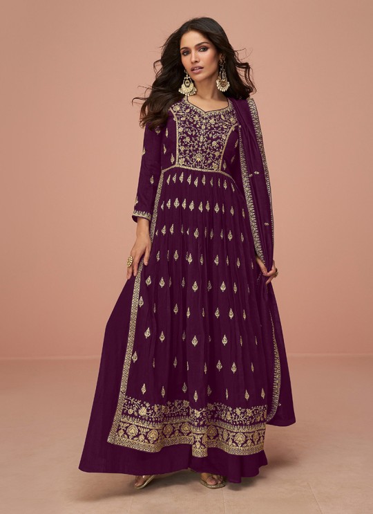Wine Vichitra Silk Embroidered Semi-Stitched Alia Cut Suit KM-9691D Wine Vichitra Silk Embroidered Semi-Stitched Alia Cut Suit KM-9691D
