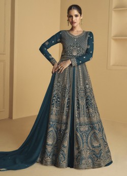 Teal Blue Georgette Embroidered Semi-Stitched Anarkali Suit 9973C