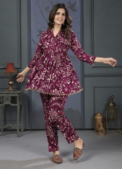 Light Maroon Rayon Readymade Co-ord Set | Digital Print Co-Ord Set Lotus Vol-1 847