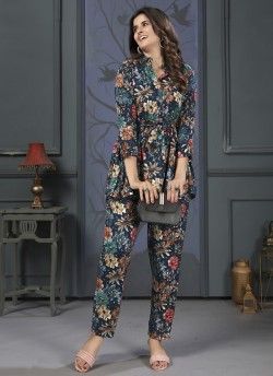 Teal Blue Rayon Readymade Co-ord Set | Digital Print Co-Ord Set Lotus Vol-1 848