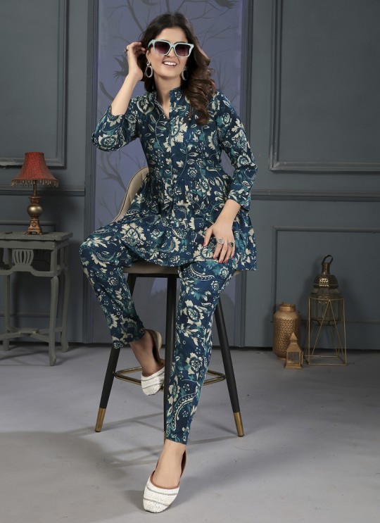 Blue Rayon Readymade Co-ord Set | Digital Print Co-Ord Set Lotus Vol-1 849 Blue Rayon Readymade Co-ord Set | Digital Print Co-Ord Set Lotus Vol-1 849