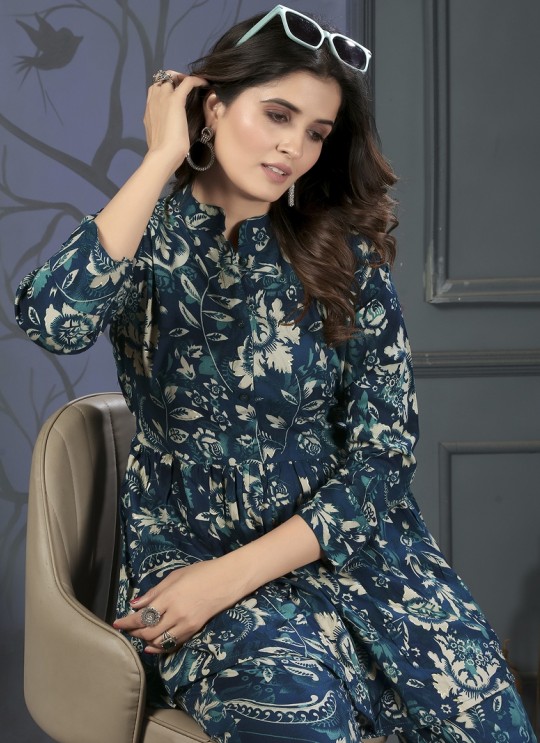 Blue Rayon Readymade Co-ord Set | Digital Print Co-Ord Set Lotus Vol-1 849 Blue Rayon Readymade Co-ord Set | Digital Print Co-Ord Set Lotus Vol-1 849
