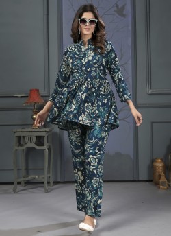 Blue Rayon Readymade Co-ord Set | Digital Print Co-Ord Set Lotus Vol-1 849