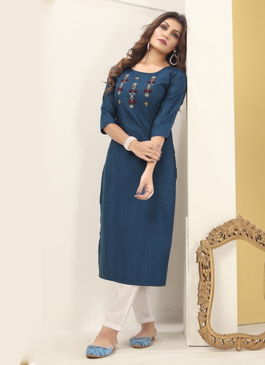 DIVA VOL-1 Without Pent | Embroidered Silk Readymade Kurti Teal Blue 7602
