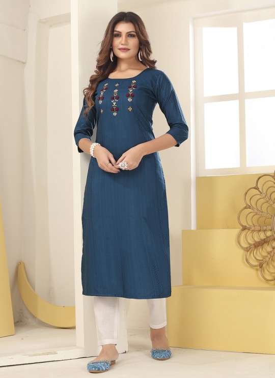 DIVA VOL-1 Without Pent | Embroidered Silk Readymade Kurti Teal Blue 7602