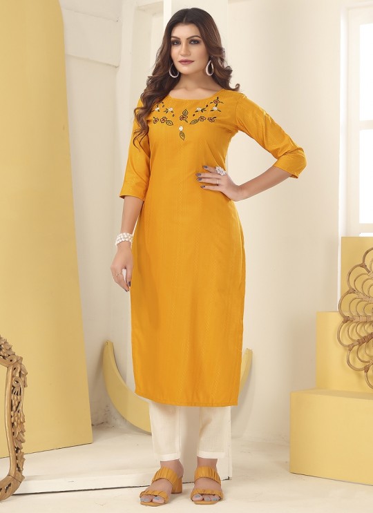 DIVA VOL-1 With Lycra Pent | Embroidered Silk Readymade Kurti With Pant Mustard 7605