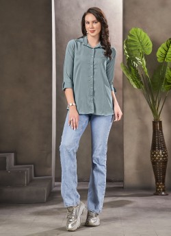 Steel Blue Cotton Readymade Women-Shirt | Plain DREAM SHIRT VOL-1 2157