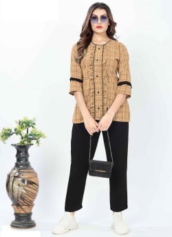 Light Beige Cotton Readymade Short Top | Digital Print GATTU VOL-02 3323