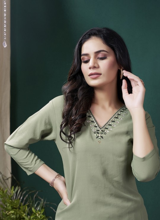 GIVA VOL-1 Without Pent | Embroidered Cotton Readymade Kurti Olive Green 670 GIVA VOL-1 Without Pent | Embroidered Cotton Readymade Kurti Olive Green 670