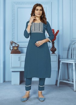 Teal Blue Cotton Readymade Salwar Kameez Embroidered GOLDY VOL-2 6524 A