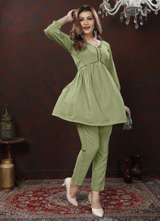 Pista Green Cotton Readymade Co-ord Set | Embroidered & Handwork Co-Ord Set Karigari 831 Pista Green Cotton Readymade Co-ord Set | Embroidered & Handwork Co-Ord Set Karigari 831