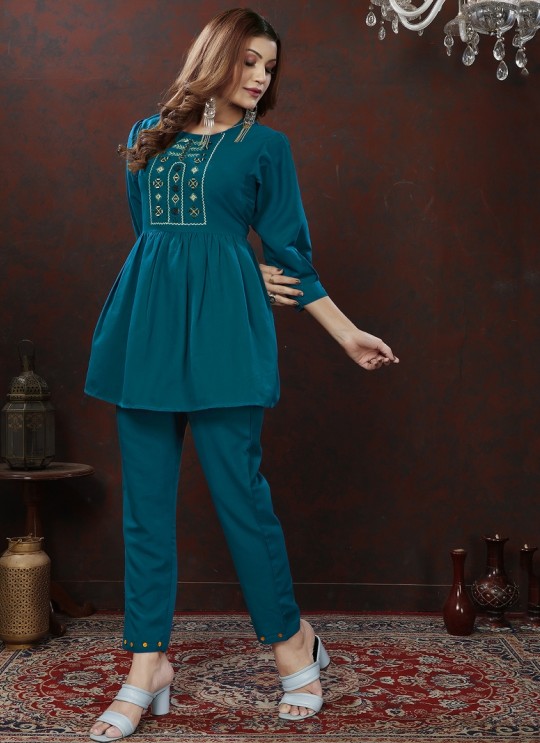 Teal Blue Cotton Readymade Co-ord Set | Embroidered & Handwork Co-Ord Set Karigari 832 Teal Blue Cotton Readymade Co-ord Set | Embroidered & Handwork Co-Ord Set Karigari 832