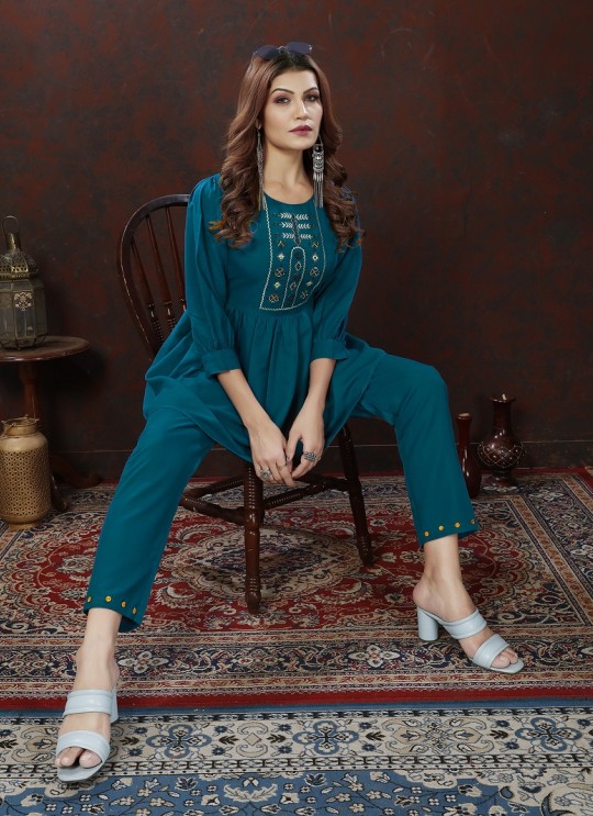 Teal Blue Cotton Readymade Co-ord Set | Embroidered & Handwork Co-Ord Set Karigari 832 Teal Blue Cotton Readymade Co-ord Set | Embroidered & Handwork Co-Ord Set Karigari 832