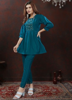 Teal Blue Cotton Readymade Co-ord Set | Embroidered & Handwork Co-Ord Set Karigari 832