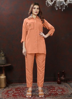 Peach Cotton Readymade Co-ord Set | Embroidered & Handwork Co-Ord Set Karigari 833