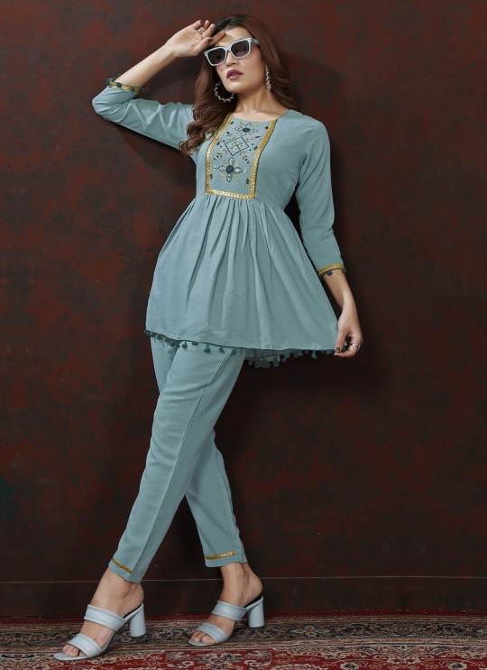 Sky Blue Cotton Readymade Co-ord Set | Embroidered & Handwork Co-Ord Set Karigari 835 Sky Blue Cotton Readymade Co-ord Set | Embroidered & Handwork Co-Ord Set Karigari 835