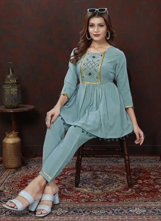 Sky Blue Cotton Readymade Co-ord Set | Embroidered & Handwork Co-Ord Set Karigari 835 Sky Blue Cotton Readymade Co-ord Set | Embroidered & Handwork Co-Ord Set Karigari 835