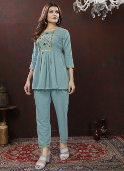 Sky Blue Cotton Readymade Co-ord Set | Embroidered & Handwork Co-Ord Set Karigari 835