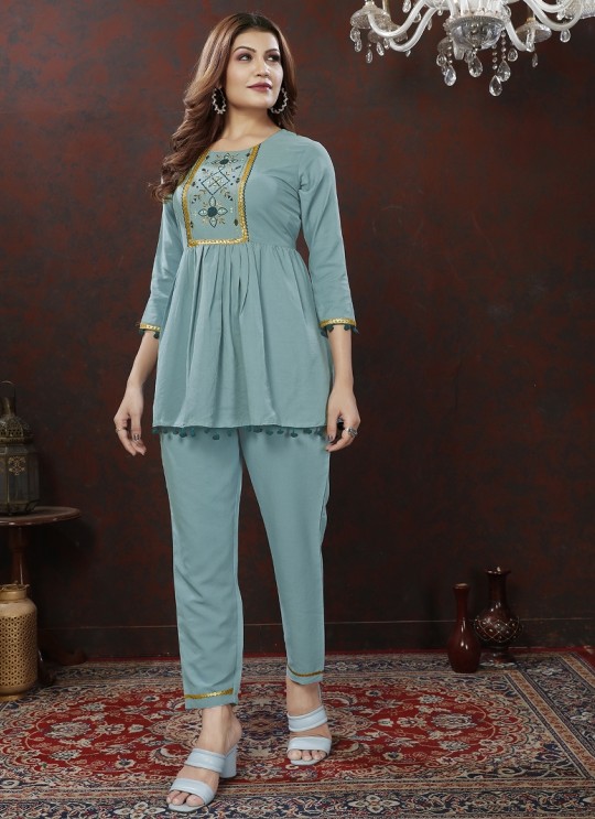 Sky Blue Cotton Readymade Co-ord Set | Embroidered & Handwork Co-Ord Set Karigari 835 Sky Blue Cotton Readymade Co-ord Set | Embroidered & Handwork Co-Ord Set Karigari 835