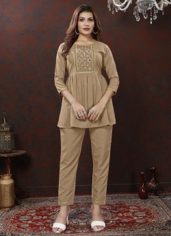 Light Coffee Cotton Readymade Co-ord Set | Embroidered & Handwork Co-Ord Set Karigari 836