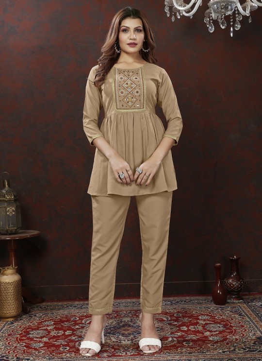 Light Coffee Cotton Readymade Co-ord Set | Embroidered & Handwork Co-Ord Set Karigari 836