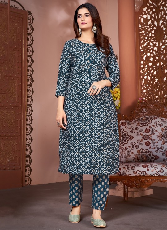 Sea Blue Silk Readymade Salwar Kameez | Embroidered & Digital Print MAGIC VOL-2 8493
