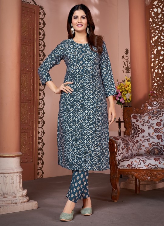 Sea Blue Silk Readymade Salwar Kameez | Embroidered & Digital Print MAGIC VOL-2 8493